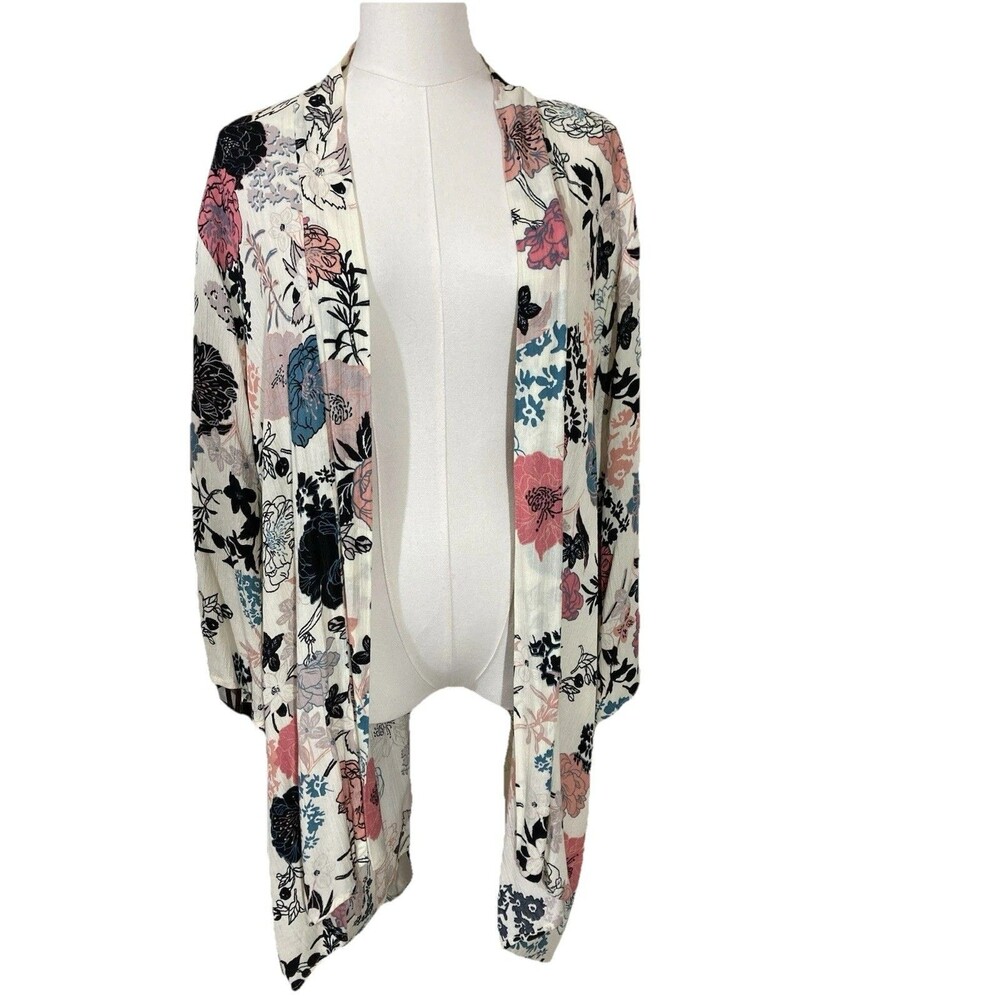 Pink Clover Women's Floral Kimono Semi-Sheer Beige 3/4 Sleeves Size L